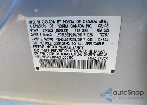 2006 Honda Ridgeline Rtl from USA, damaged, VIN 2HJYK16546H505190